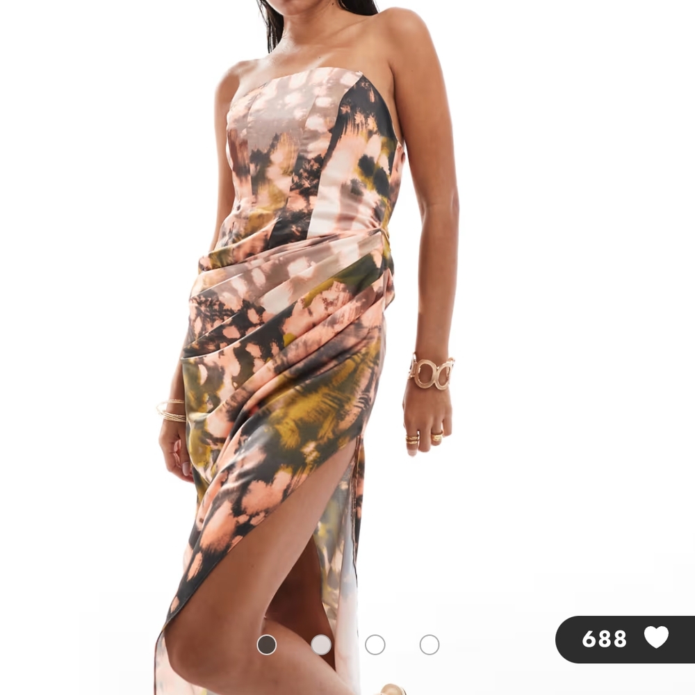 ASOS DESIGN bandeau draped skirt midi dress with thigh split in abstract print